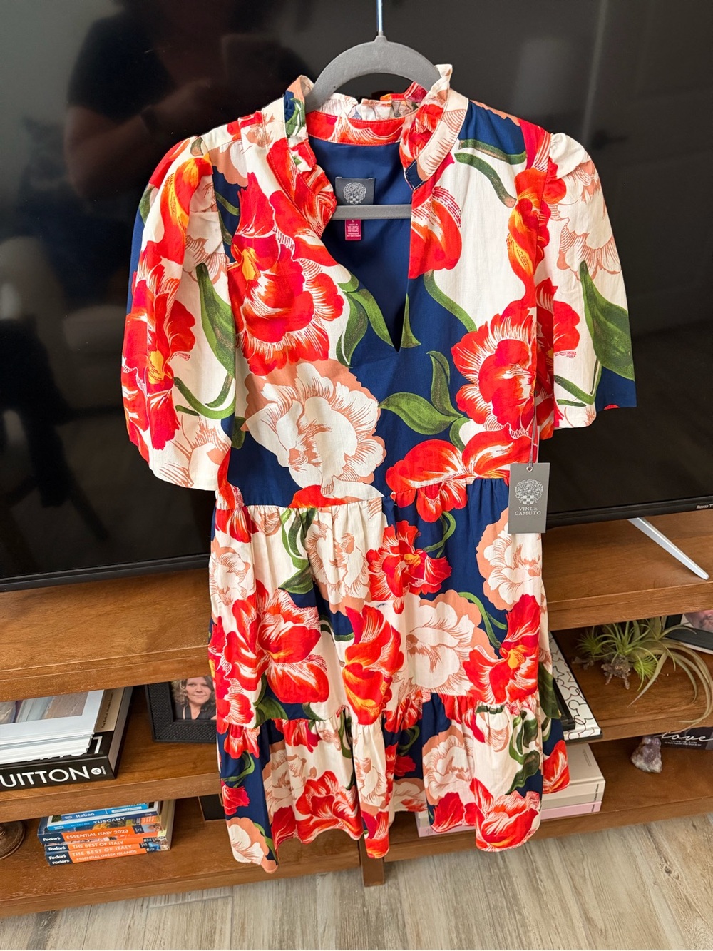 NWT Vince Camuto Navy Floral Top with Red and Green Accents